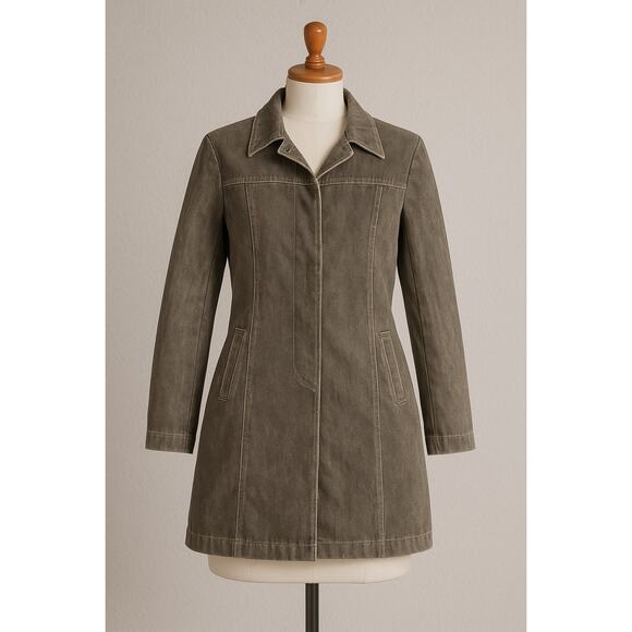 Women's XL Taupe Trench Coat Button Front Lined Long Jacket Utility Style - Picture 1 of 10